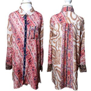 Soft Surroundings Women's Paisley Tunic Top Roll 3/4 Sleeves Pink Multi Medium